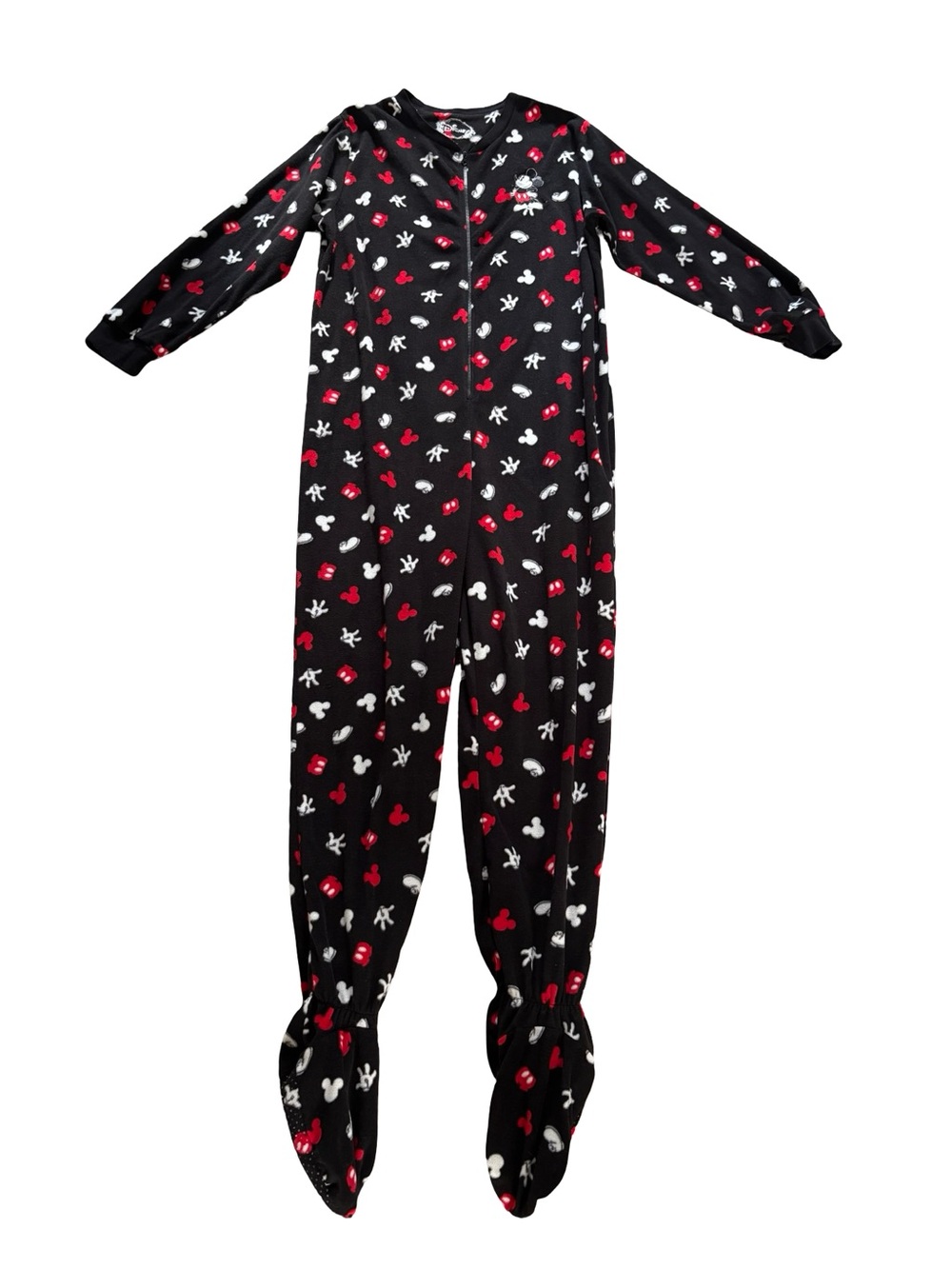 Disney Mickey Mouse Footed Pajamas Women’s XL Fleece One Piece Sleeper Black Red